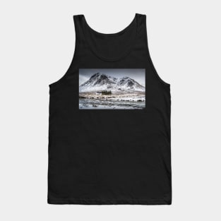 Glencoe Cottage with Snowy Mountain and Icy River Tank Top